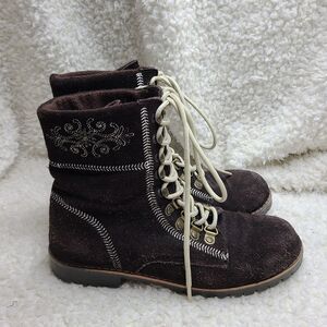 Canda Brown Suede Leather Embroidered Lace-up Fleece Lined‎ Boots sz 38
